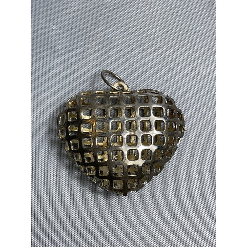 Vintage Silver-Tone Checkered Heart-Shaped Pendant